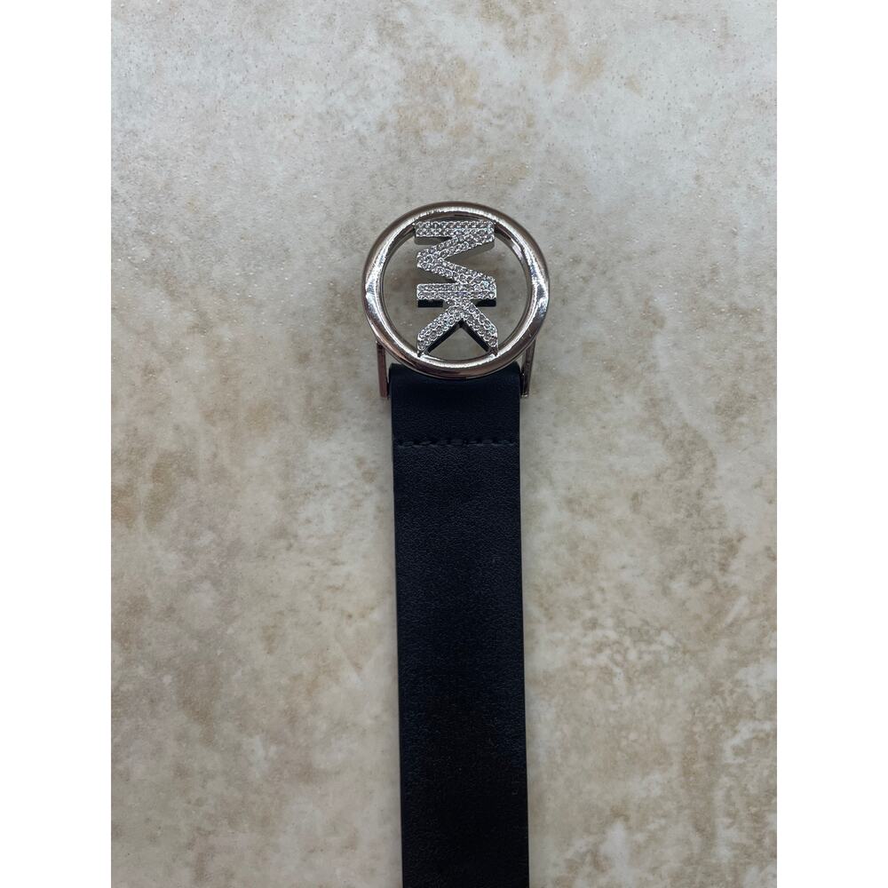 Belt Michael Michael Kors L-XL MK Logo Black Leather Rhinestone Buckle 1” approx - Picture 5 of 13